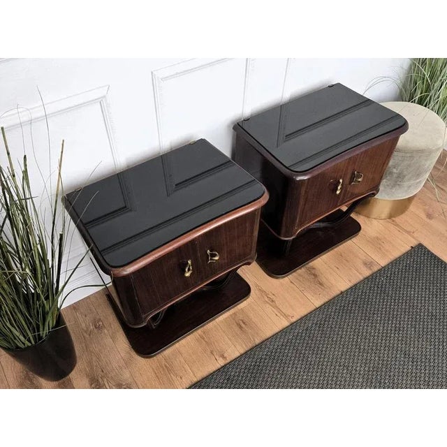 Mid-Century Italian Liberty Bedside Tables in Walnut with Glass Tops, 1950s, Set of 2 For Sale - Image 6 of 10