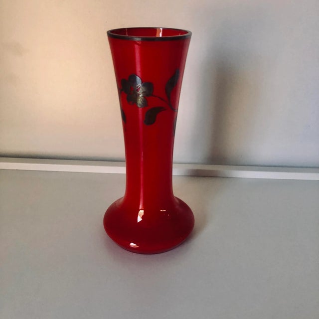 Vintage Red Glass,Silver Overlay Floral Design Vase For Sale In New York - Image 6 of 6