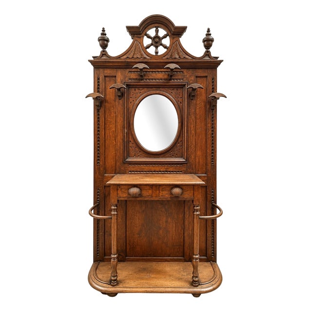 Napoleon III Style Oak Entryway Wardrobe with Beveled Mirror For Sale