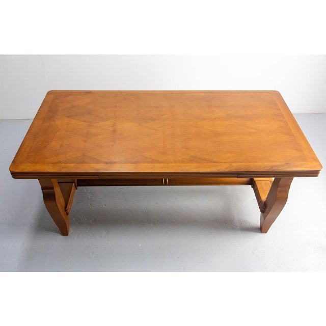 French Extendable Dining Table with Diamond Pattern Top in Cherrywood and Brass, 1960s For Sale - Image 4 of 18