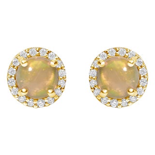 10K Yellow Gold Opal and 1/6 Cttw Diamond Halo Stud Earring For Sale