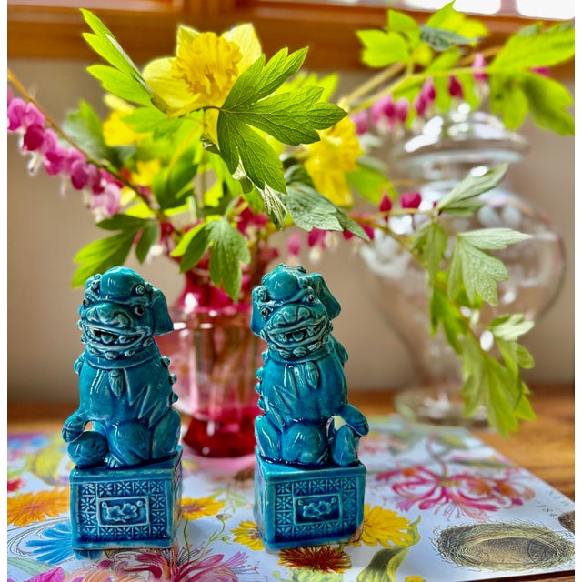 Set of 2, 1970s Blue Foo Dog Guardian Lion Ceramics Set For Sale - Image 10 of 10