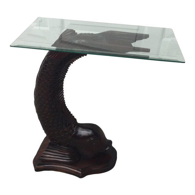 Vintage Palm Beach Style Sculptural Fish Base Glass Console Table For Sale