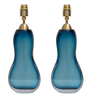 Mid-Century Modern Italian Blue Murano Sommerso Glass Table Lamps, 2000, Set of 2 For Sale