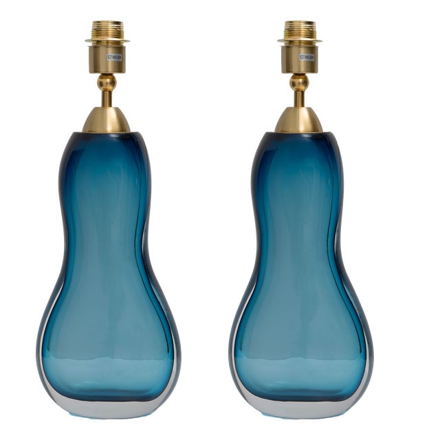 Mid-Century Modern Italian Blue Murano Sommerso Glass Table Lamps, 2000, Set of 2 For Sale