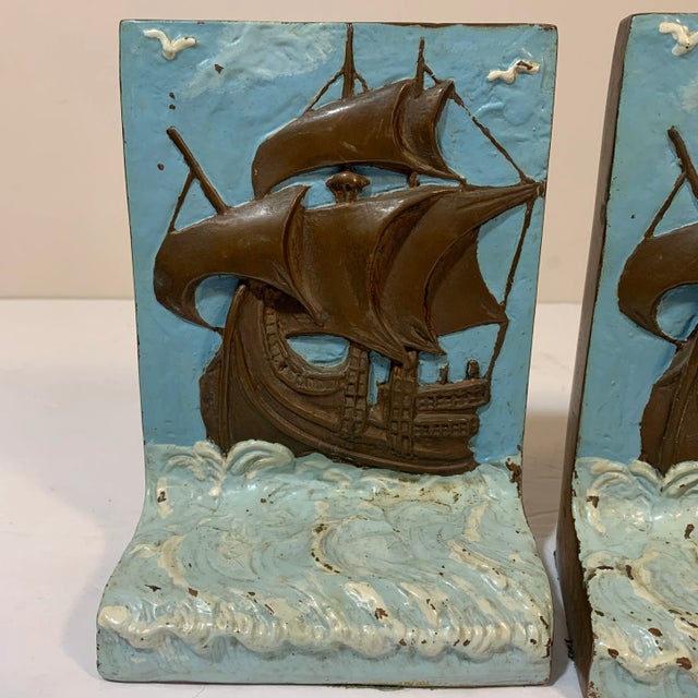 Metal Antique 1920s Painted Bronze Clad Tall Ship Mayflower Bookends - a Pair For Sale - Image 7 of 8