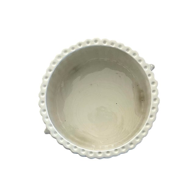 Vintage Italian White Faux Bamboo Glazed Ceramic Cache Pot / Cachepot / Jardinere/ Planter With Ring Handles by Mottahedeh, Circa 1960 For Sale In Dallas - Image 6 of 8