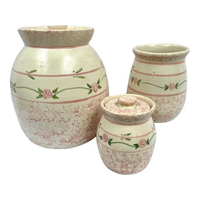 1970s Vintage Marshall Pottery Stoneware Two Canisters and a Vase - 3 Pieces For Sale