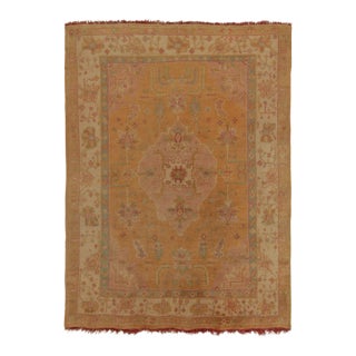 Antique Tribal Oushak Rug in Gold, Pink, Beige Floral Medallion Pattern For Sale