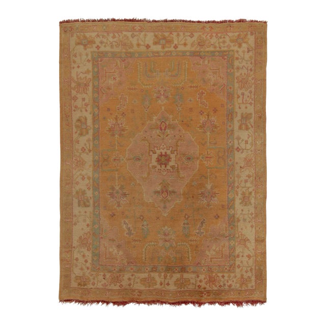 Antique Tribal Oushak Rug in Gold, Pink, Beige Floral Medallion Pattern For Sale