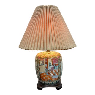 Rose Medallion Style Porcelain Ginger Jar Table Lamp, Vintage For Sale