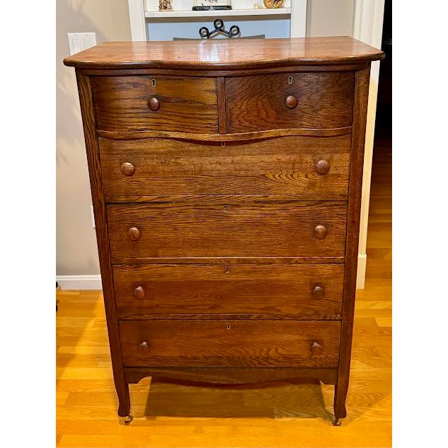 Victorian Antique Tiger Oak Serpentine Tallboy Dresser - 6 Drawer For Sale - Image 3 of 11