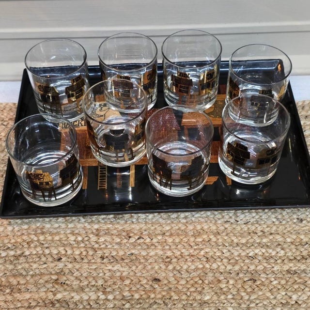 Black Couroc Monterey Fish Rocks Glasses Set of 8 With Tray, Mid Century Barware For Sale - Image 8 of 18
