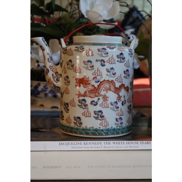 Metal Antique Chinese Dragon & Phoenix Porcelain Teapot With Fitted Warming Basket For Sale - Image 7 of 18