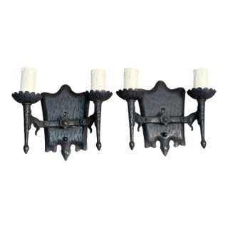 One Pair (Two Available) 1920s Spanish Revival Wrought Iron Wall Sconces #2602 For Sale