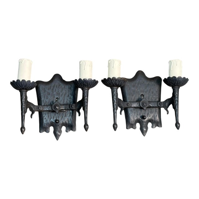 One Pair (Two Available) 1920s Spanish Revival Wrought Iron Wall Sconces #2602 For Sale