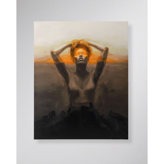 Contemporary Ascend by Josh Sorrell | Oil on panel Woman with hands on head against a sunset background. For Sale - Image 3 of 5