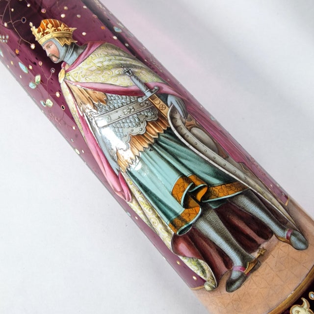 Glass Two 19th C Bohemian Cranberry Pokal Vases King Rudolph I and Otto II Enamel For Sale - Image 7 of 15