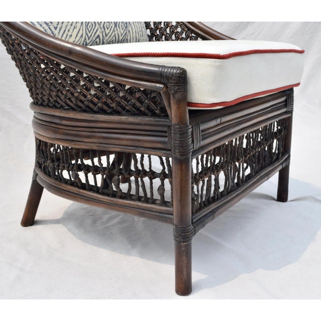 Vintage Rattan Curved Back Chair Attributed to Palecek, Blue & White, 1990s For Sale - Image 10 of 13