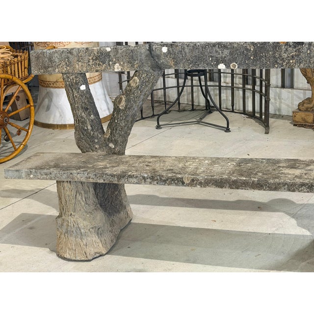 Stone Gray Monumental French Faux Bois Cast Stone Bench Tree Trunk Supports, circa 1920s For Sale - Image 8 of 18