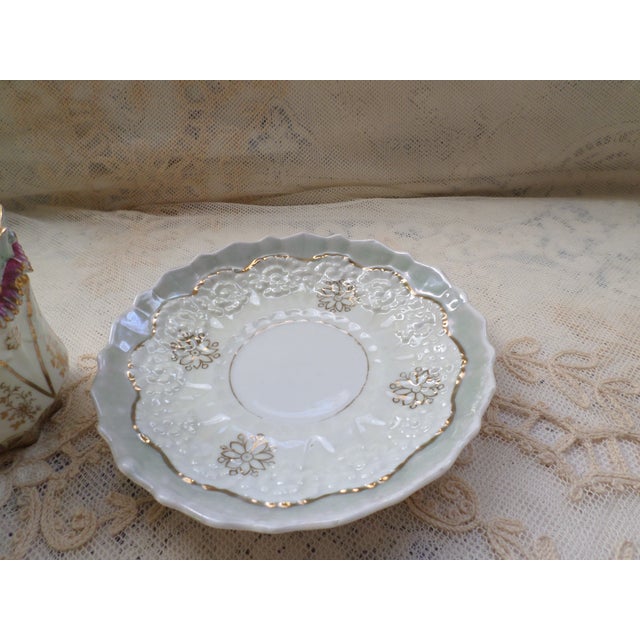 Antique French Ornate Embossed Grey , Gold & Purple Tea Cup W/ Saucer For Sale - Image 4 of 8