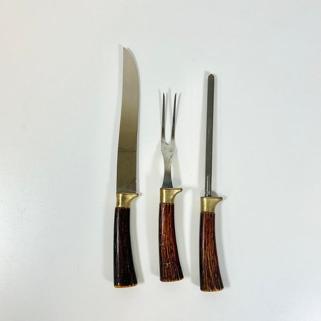 English 1950s Vintage Sheffield English Rustic European Faux Stag Horn Cutlery - Set of 3. For Sale - Image 3 of 9