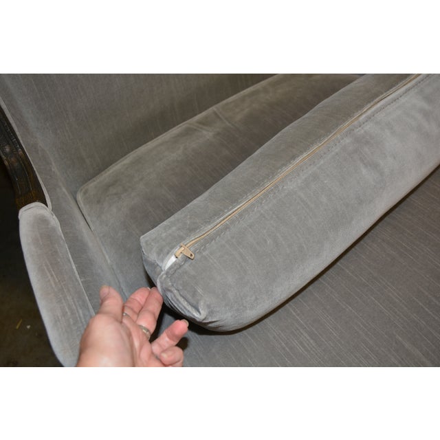 Restoration Hardware Pair Lorraine Gray Velvet Wing Back Bergere Arm Chairs W/ Wood Surround For Sale - Image 12 of 17