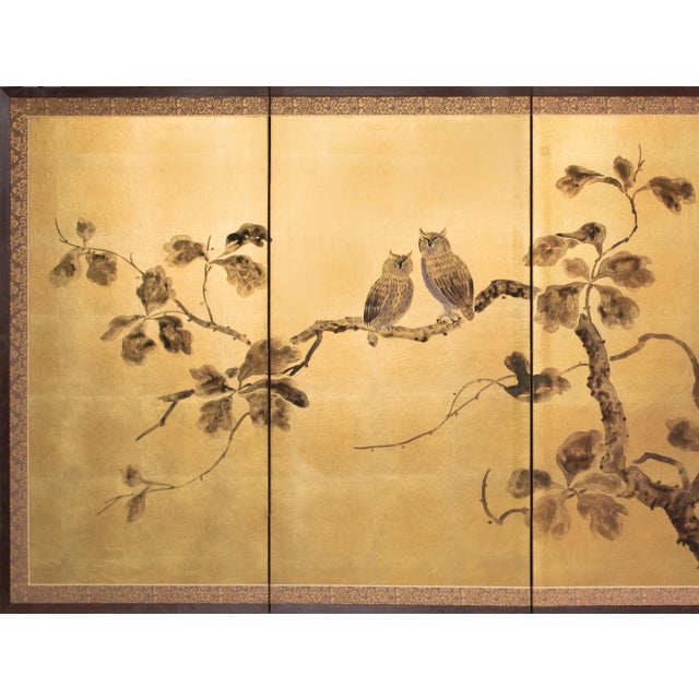 Stunning Japanese painted 4-panel byobu (folding screen) "Owl Family" by Shunko. Title: 梟 (Fukuro - Owl Family). Owls are...