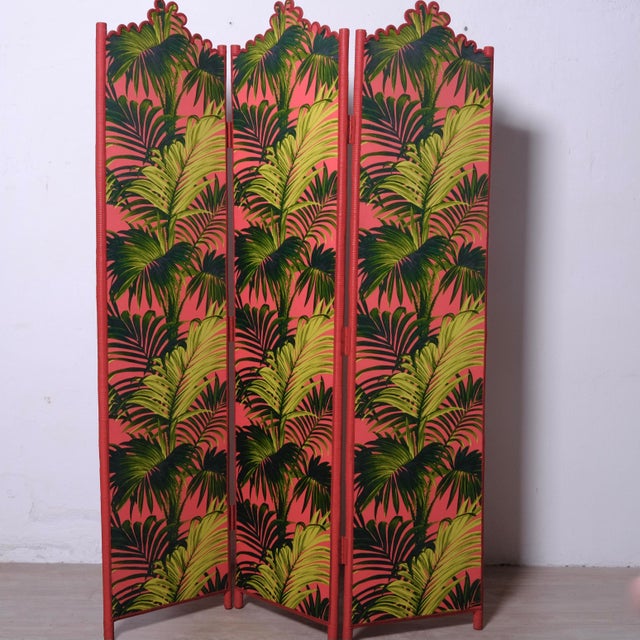 Wood Italian Rattan and Double-Sided Fabric Room Divider, 1980s For Sale - Image 7 of 15