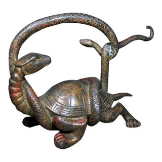 Antique Bronze Dark Warrior Turtle & Snake Sculpture – 10.6" Xuanwu Mythical Beast For Sale