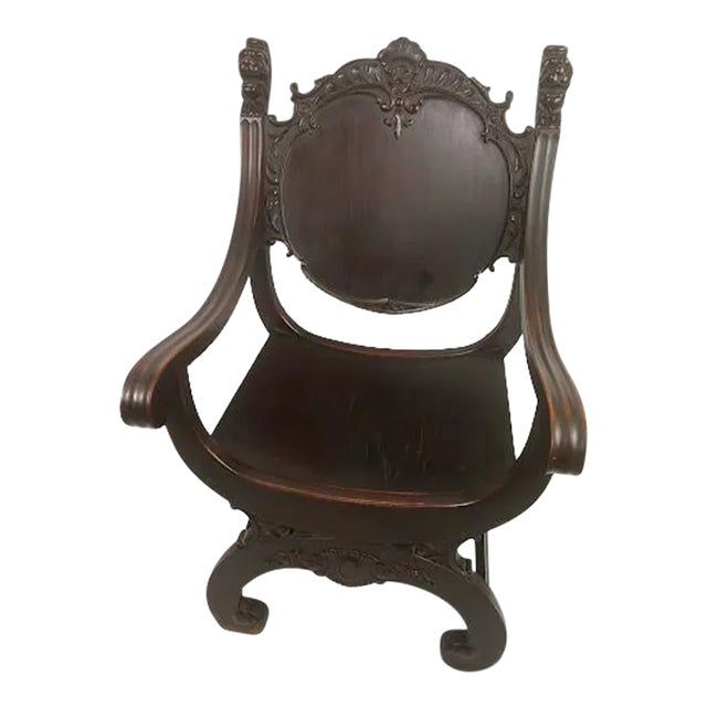 Vintage Victorian Mahogany Griffin / Lions Head Carved Savonarola Chair For Sale