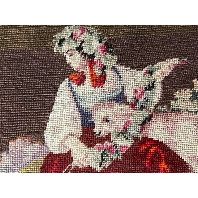 Red Antique Framed Needlework Petit Point Girl With Lamb For Sale - Image 8 of 8