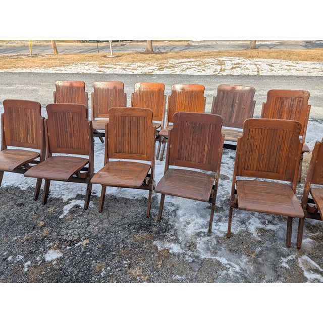 Antique Quartersawn Oak Folding Chairs, Steamboat Theater Seating, Set of 12 For Sale - Image 6 of 18