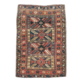 Galerie Shabab Collection Distressed Caucasian Rug With a Tribal Design in Rust, Dark Blue, and Cream For Sale