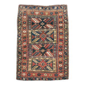Galerie Shabab Collection Distressed Caucasian Rug With a Tribal Design in Rust, Dark Blue, and Cream