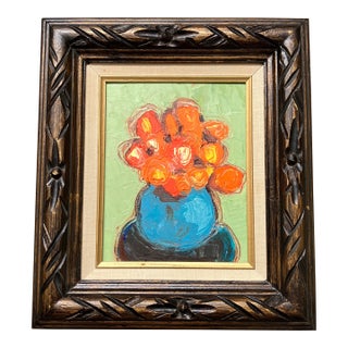 Contemporary Original Alexandra Brown Abstract Floral Still Life Oil Painting Chunky Vintage Frame For Sale