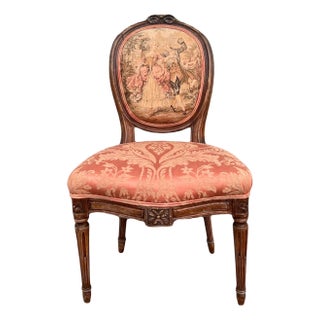 Antique 19th Century French Louis XVI Style Bergere Parlor Chair in Pink Jacquard Fabric and Pictoral Tapestry Backrest For Sale