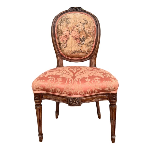 Antique 19th Century French Louis XVI Style Bergere Parlor Chair in Pink Jacquard Fabric and Pictoral Tapestry Backrest For Sale