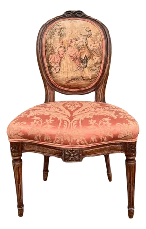 Antique 19th Century French Louis XVI Style Bergere Parlor Chair in Pink Jacquard Fabric and Pictoral Tapestry Backrest