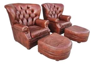 Chesterfield Tufted Leather Armchairs With Ottoman-a Pair
