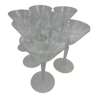 Vintage Bohemian Lily-of-the-Valley Etched Crystal Coupes With Frosted Stems - Set of 7 For Sale