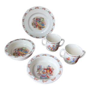 1980s Royal Doulton Bunnykins Children's Dishes Set, Plate, 2 Bowls and 2 2-Handled Mugs - 5 pcs