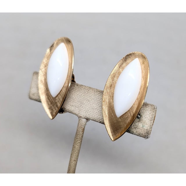 Napier Vintage 1950s Signed Napier Goldtone & White Resin Clip Earrings-2 Pieces For Sale - Image 4 of 7