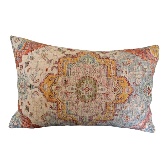Boho Chic Antiqued Persian Rug Colorful Woven Cotton Lumbar Pillow New For Sale