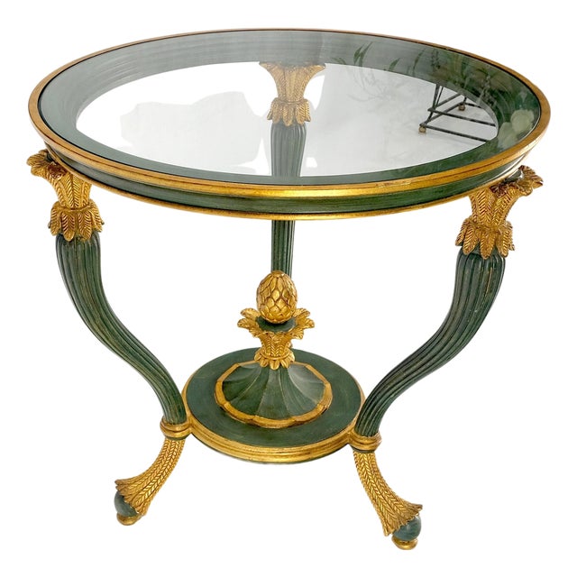 Italy Decorative Carved Painted 28" Round Glass Top Gueridon Lamp Center Table For Sale