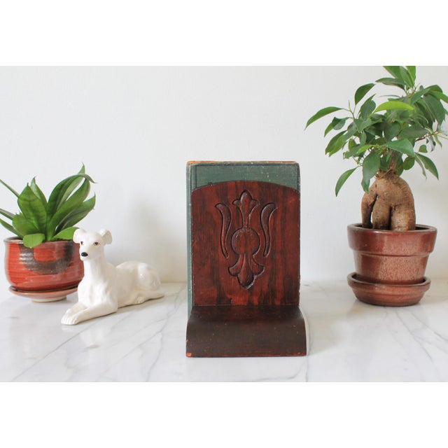 Vintage Hand Tooled Arts and Crafts Oak Wood Bookends For Sale - Image 4 of 11