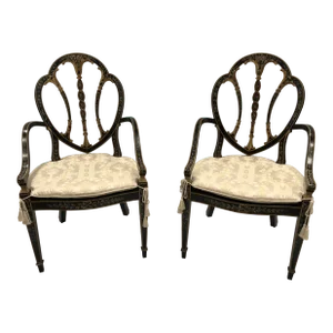 Adam Style Handpainted Armchairs With Caned Seats -A Pair