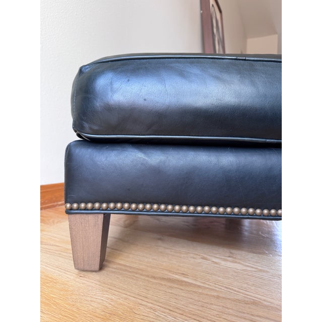 Lee Industries Lee Industries Custom Colonnade Blue Leather Ottoman With Nailhead Trim For Sale - Image 4 of 9
