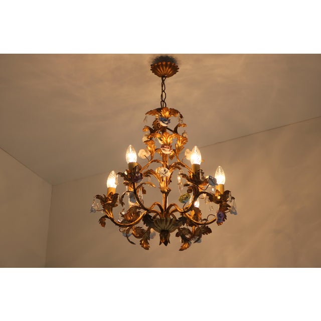 Italian Tôle Chandelier with Ceramic Roses and Crystal Pendants, 1950s For Sale - Image 12 of 13