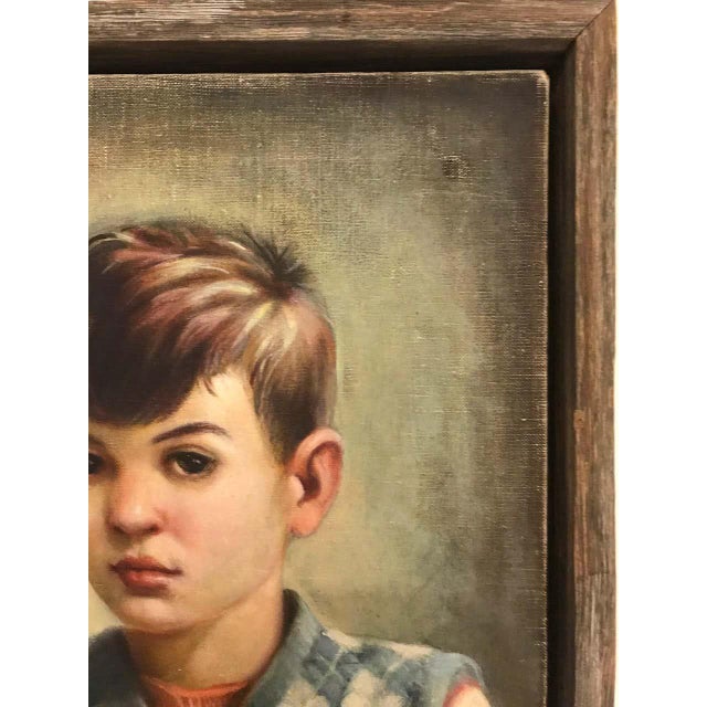 Taupe Portrait of Boy in Blue Argyle Sweater Oil Painting by Robert Rukavina For Sale - Image 8 of 13